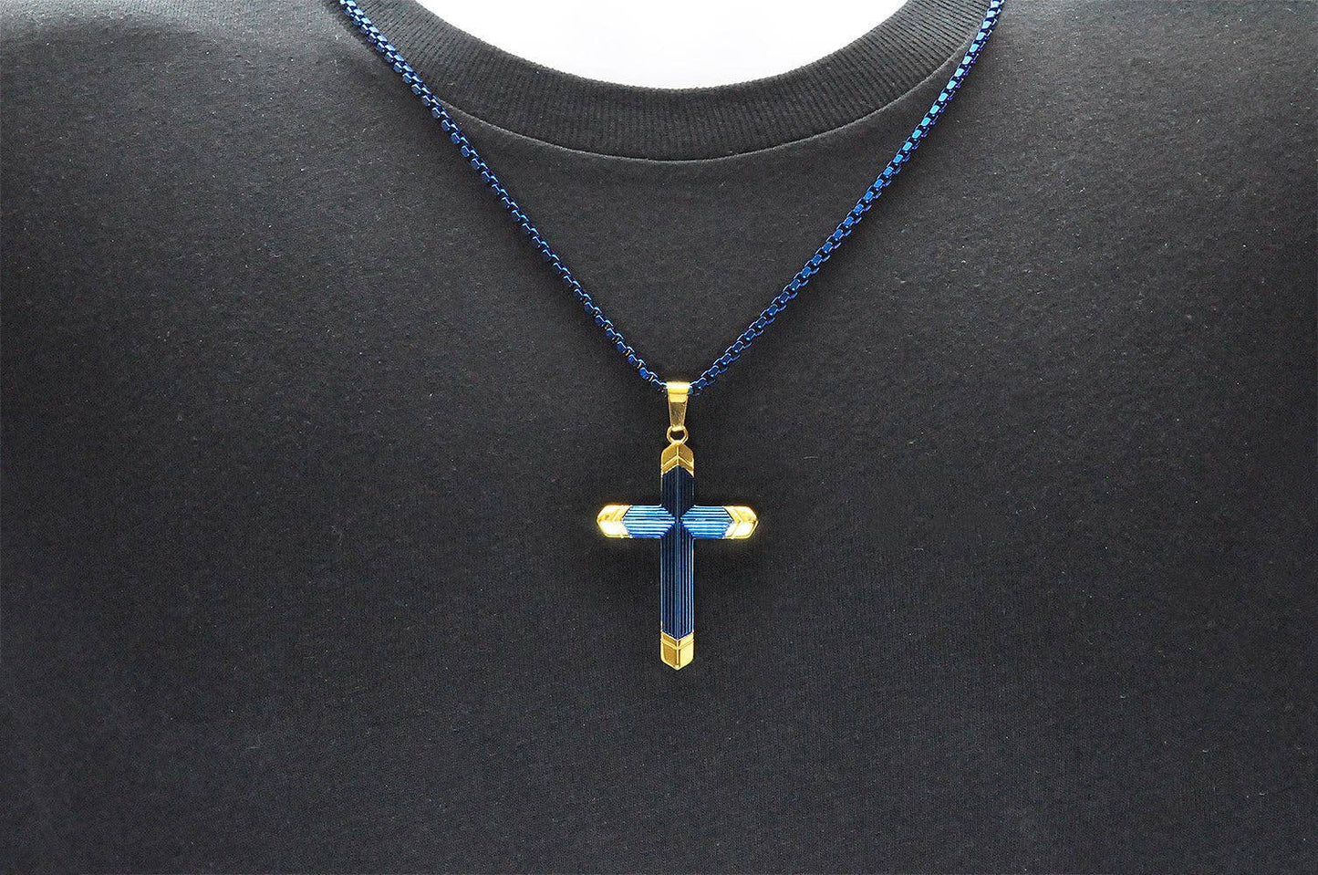 Two-Toned Blue with Gold Tipped S. Steel Cross Pendant