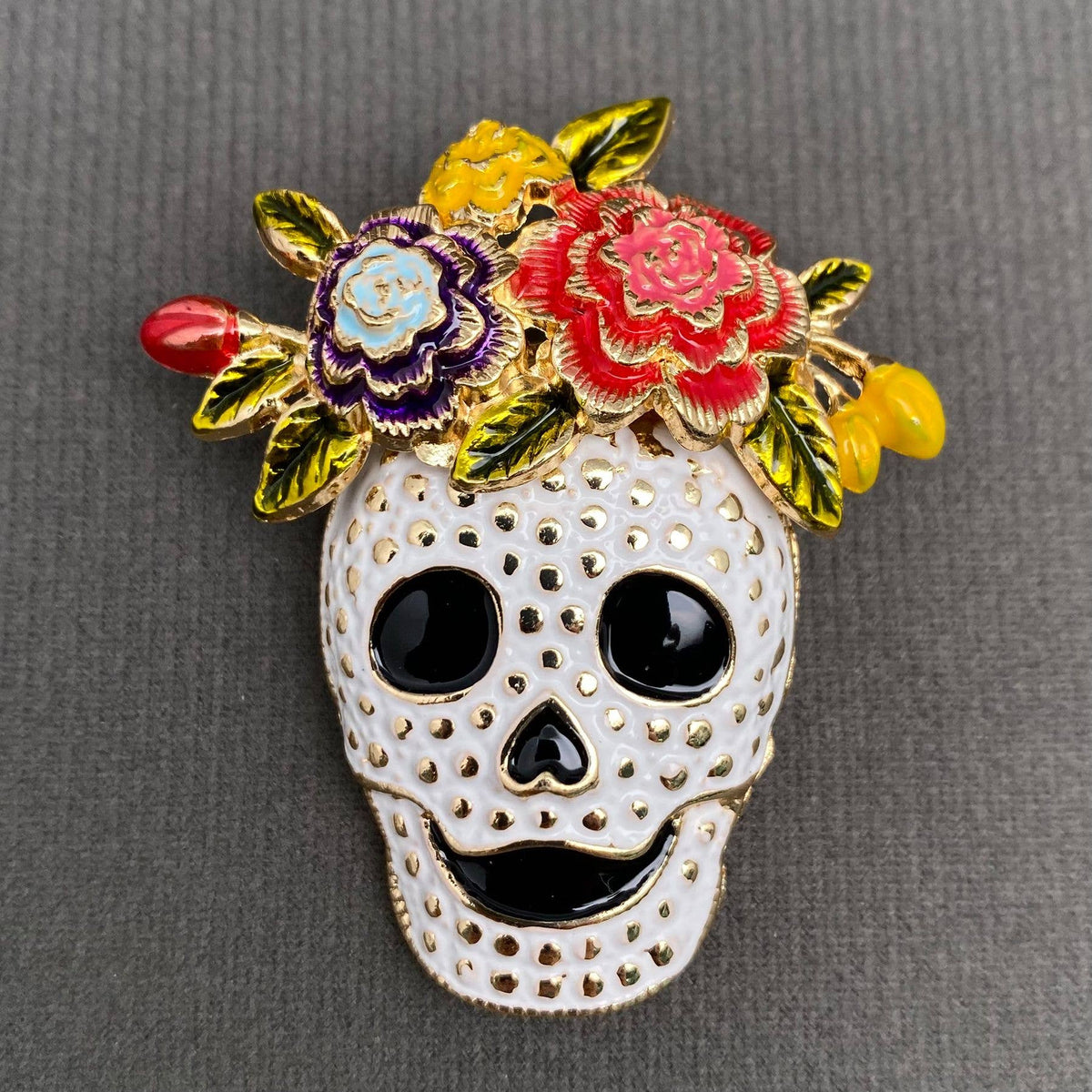 Halloween Skull with Wreath Enamel Brooch
