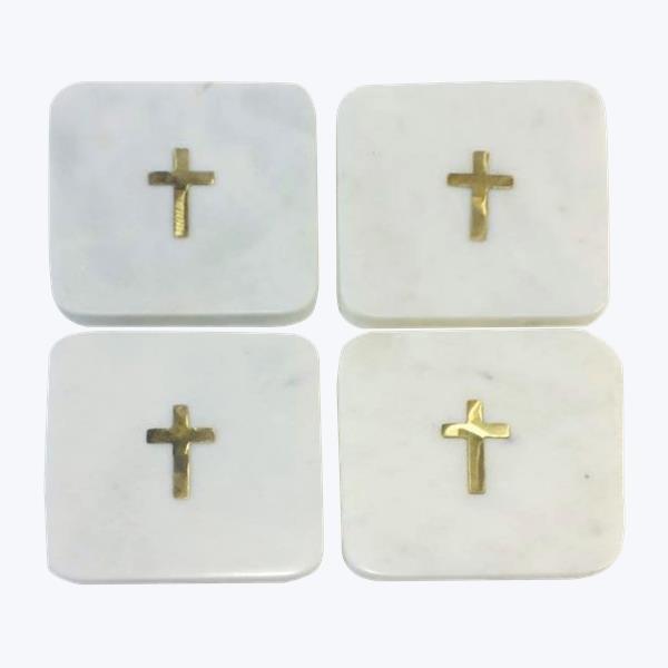 Set of 4 Marble Square Coasters With Cross
