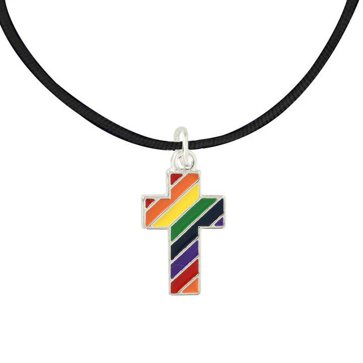 Rainbow Cross Black Cord Necklace