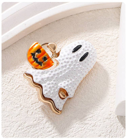 Enamel Ghost with Pumpkin Bucket Halloween Brooch Lapel Pin