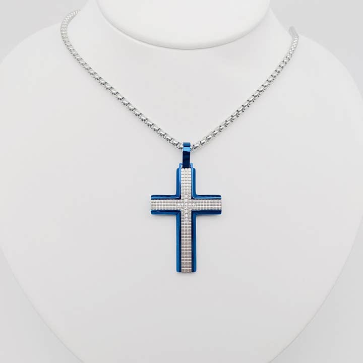 Stainless Steel Checkered Cross Pendant Blue