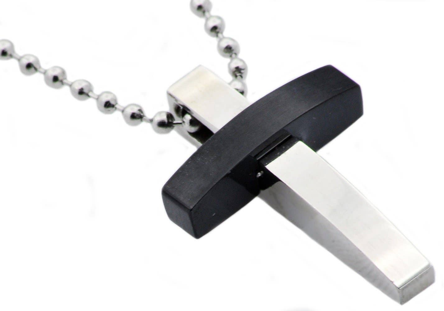 Two Tone Black Stainless Steel Cross Pendant Necklace With 24" Bead Chain