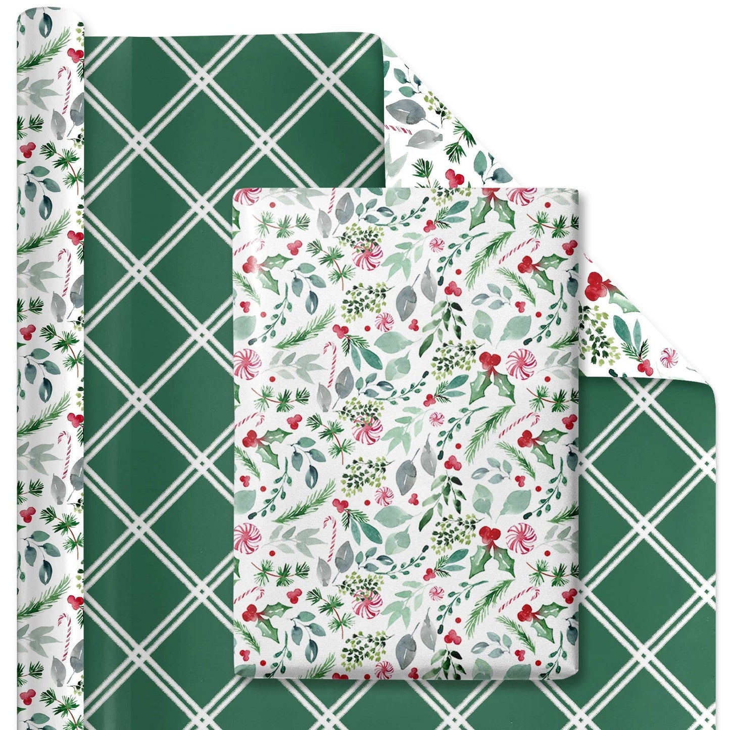 30" x 10' Reversible Holiday Wrapping Paper | Watercolor Holly/Green and White Lattis