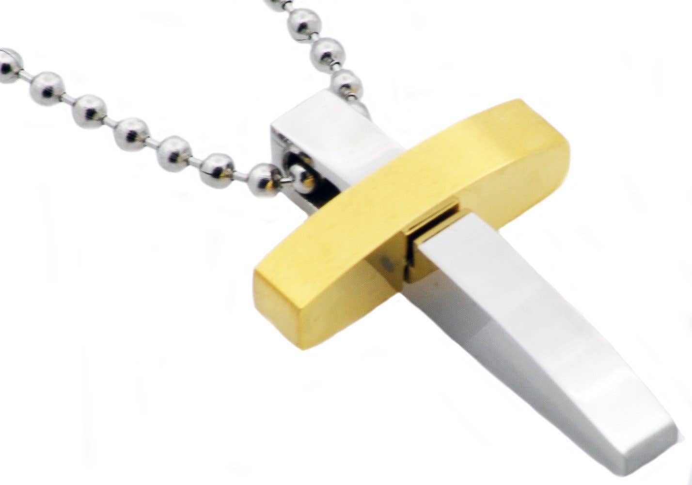 Two Tone Gold Stainless Steel Cross Pendant Necklace With 24" Bead Chain