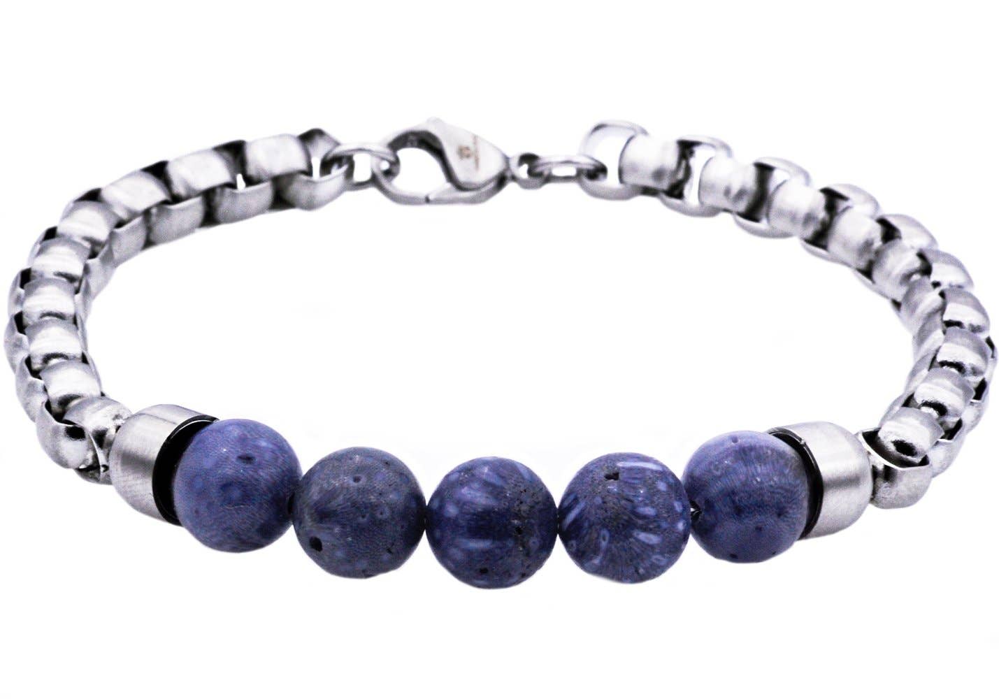 Men's Genuine Blue Coral Stainless Steel Beaded And Rolo Link Chain Bracelet