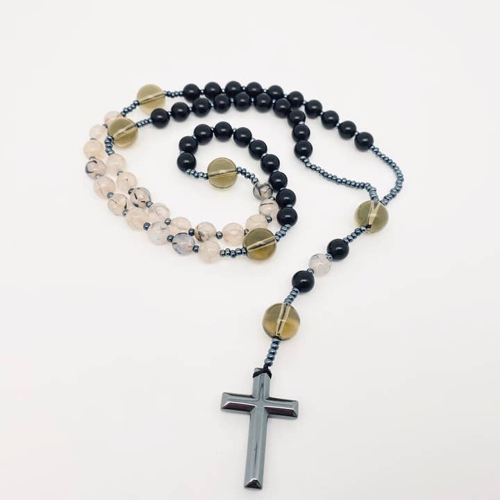 Black Agate Dragon Grain Stone Beaded Cross Necklace - Clearance
