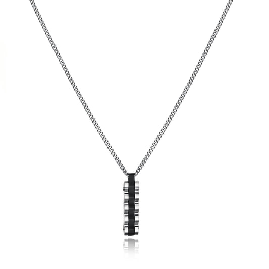 Industrial Ribbed Silver Bar Pendant with Black
