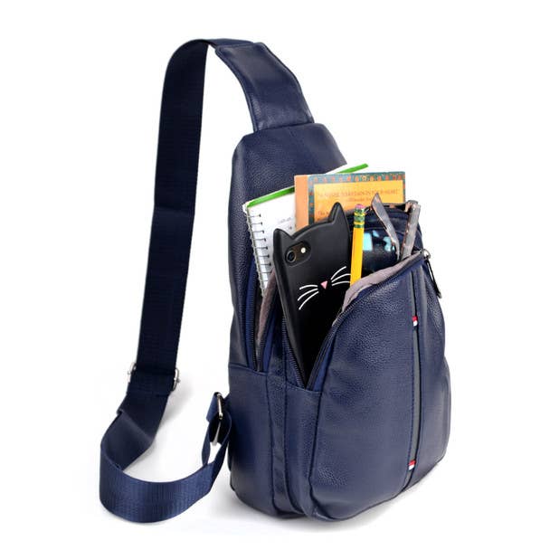Vegan Leather Sling Bag Backpack with Adjustable Strap - Navy -Clearance
