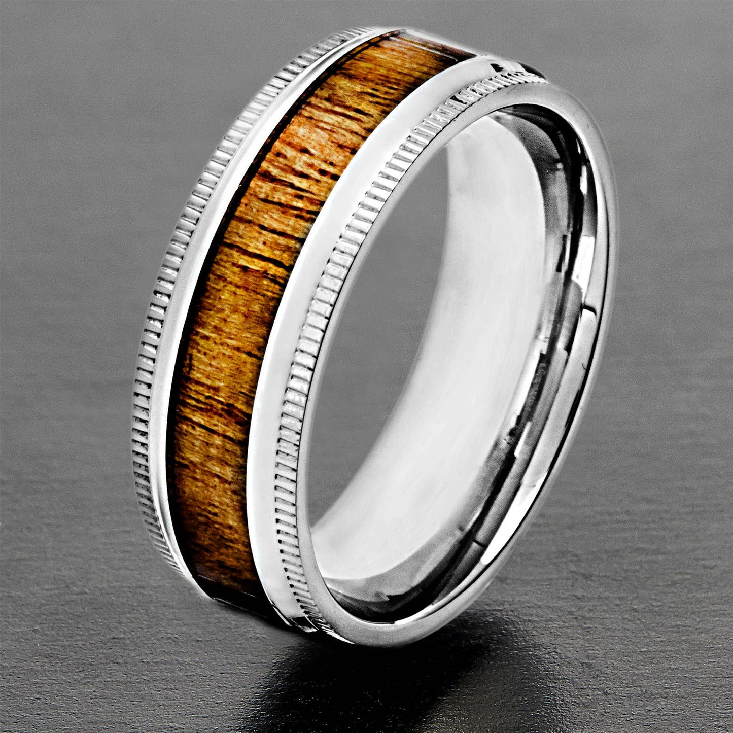 Wood Inlay Ridged Edge Stainless Steel Band Ring