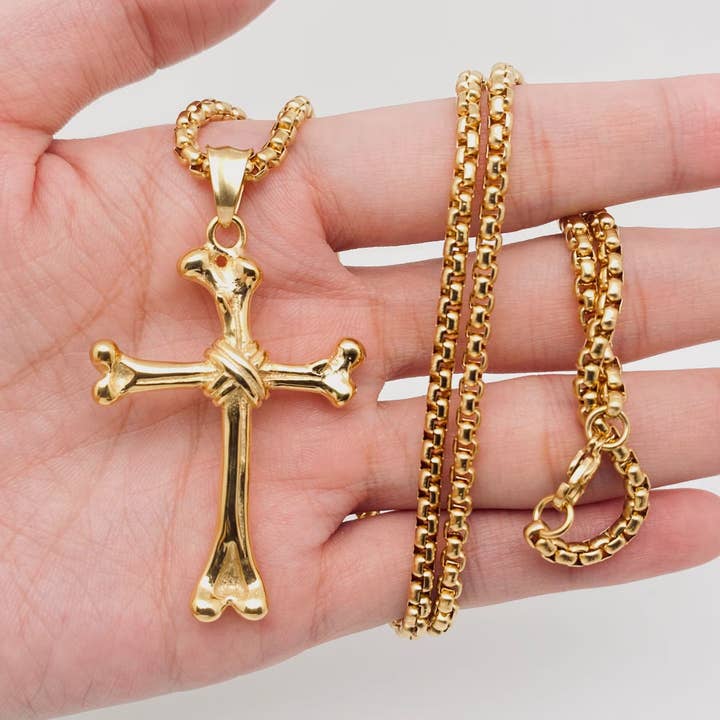 Stainless Steel Bone Cross Necklace - Golden - Clearance