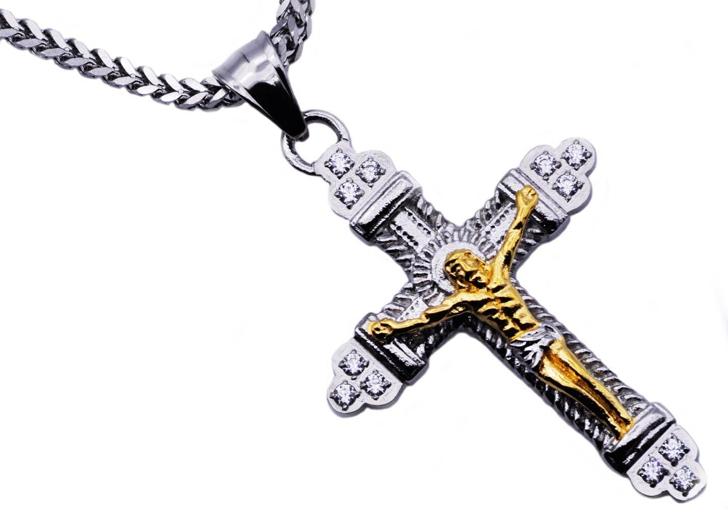 Men's Gold & Silver S.Steel CZ Cross Pendant With Chain