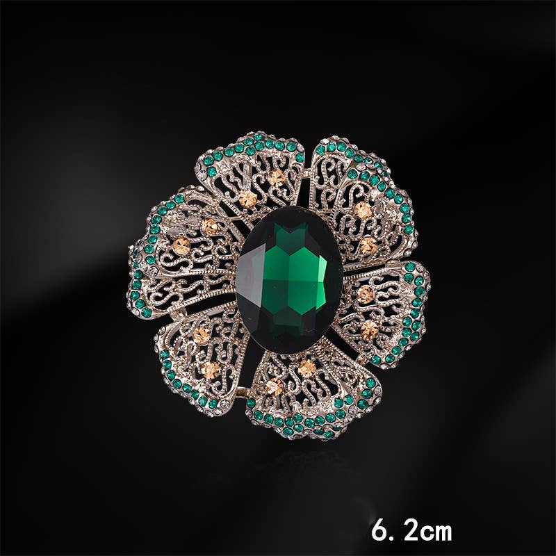 Emerald Crystal Rhinestone Floral Brooch Pin
