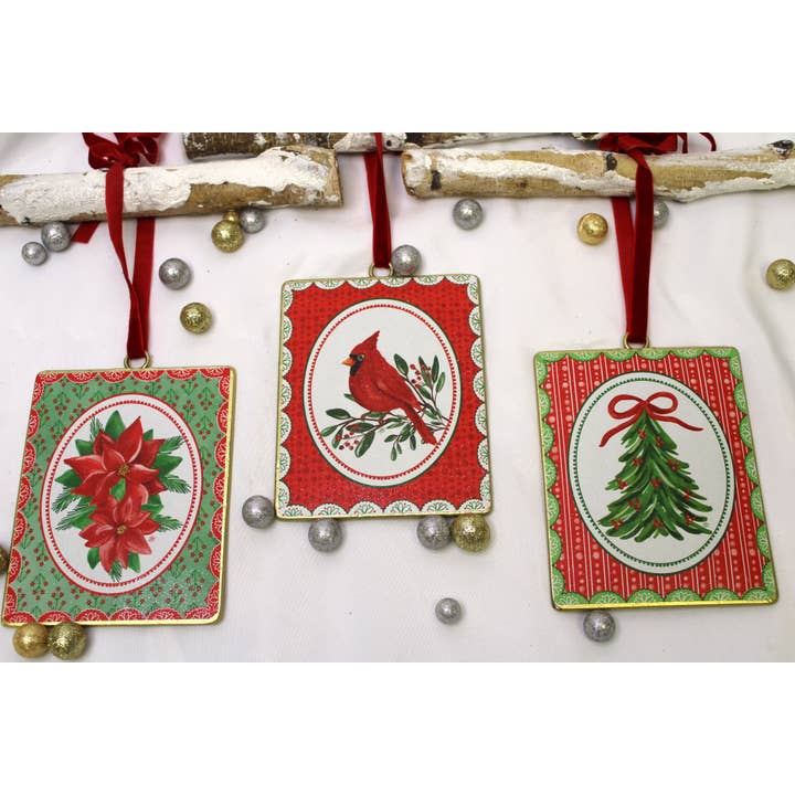5x6" Metal Ornaments, Cardinal, Tree, Poinsettias