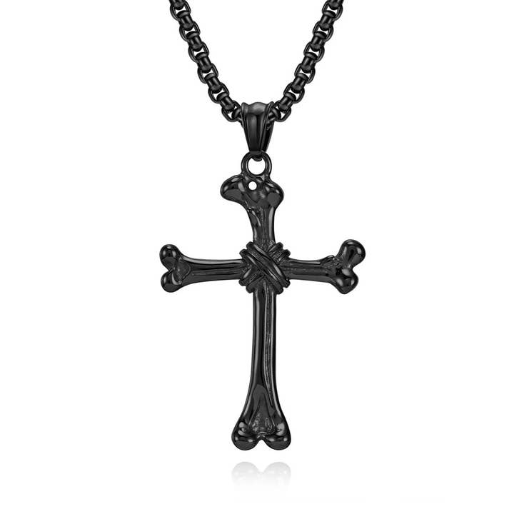 Stainless Steel Bone Cross Necklace - Black - Clearance