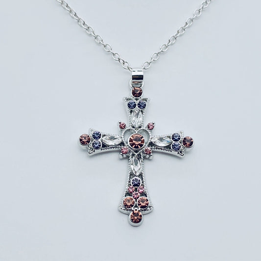 Colorful Rhinestone Cross Pendant Necklace