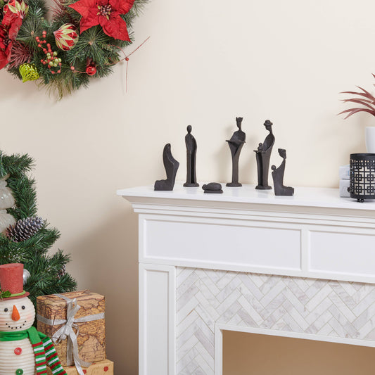 Modern 9-Inch Cast Iron Nativity Sculpture Set (6 Figures)