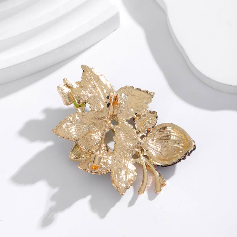 Vintage Enamel Leaf Strawberry Brooch Pin