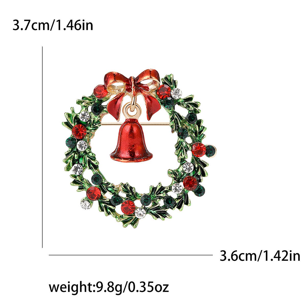 Rhinestone Christmas Wreath Brooch with Bell & Bow