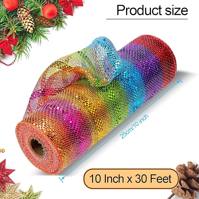 Christmas Mesh 10" Wide Rainbow Ribbon - 10 Yards