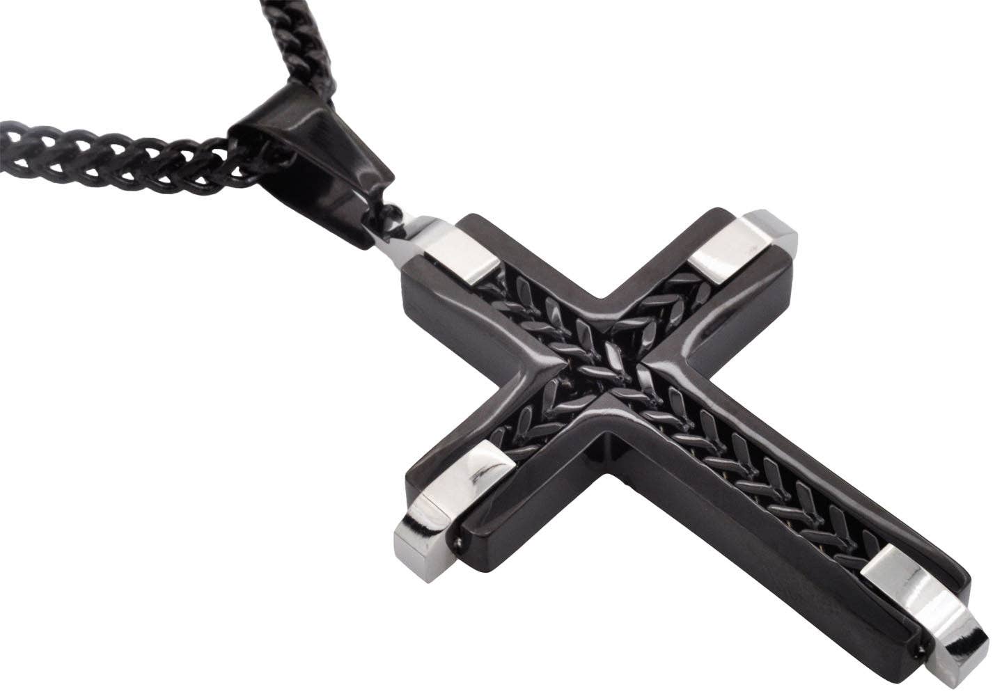 Black Stainless Steel Cross Pendant Necklace With Franco Link Chain Inlay