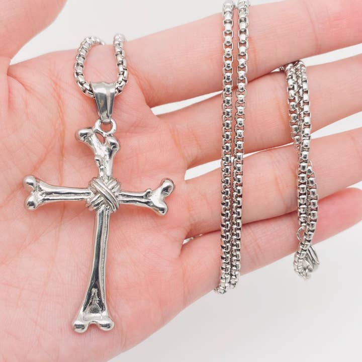 Stainless Steel Bone Cross Necklace - Steel - Clearance