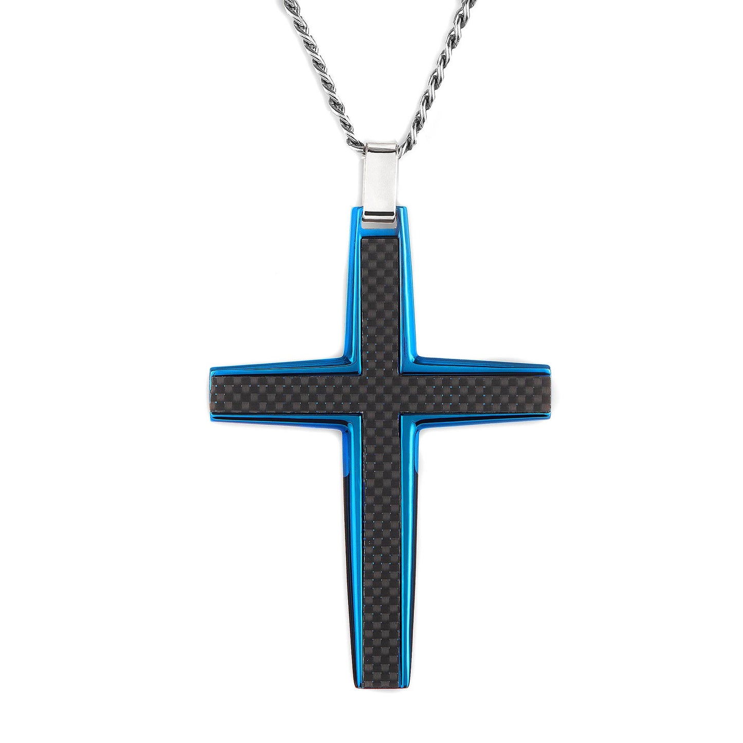 Men's Large Stainless Steel Carbon Fiber Cross Pendant