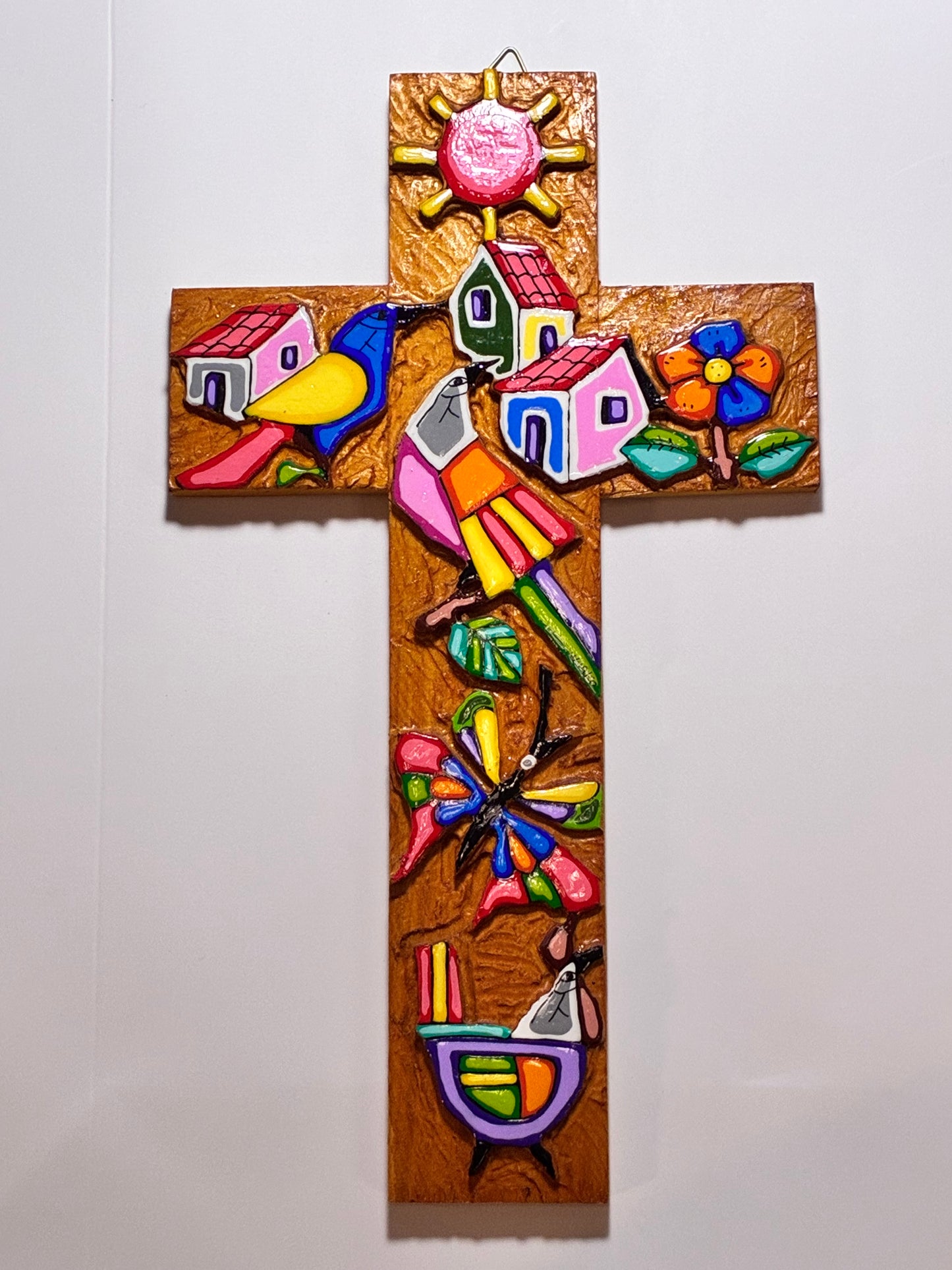 11.5" Multi Colored Wooden Cross - Natural