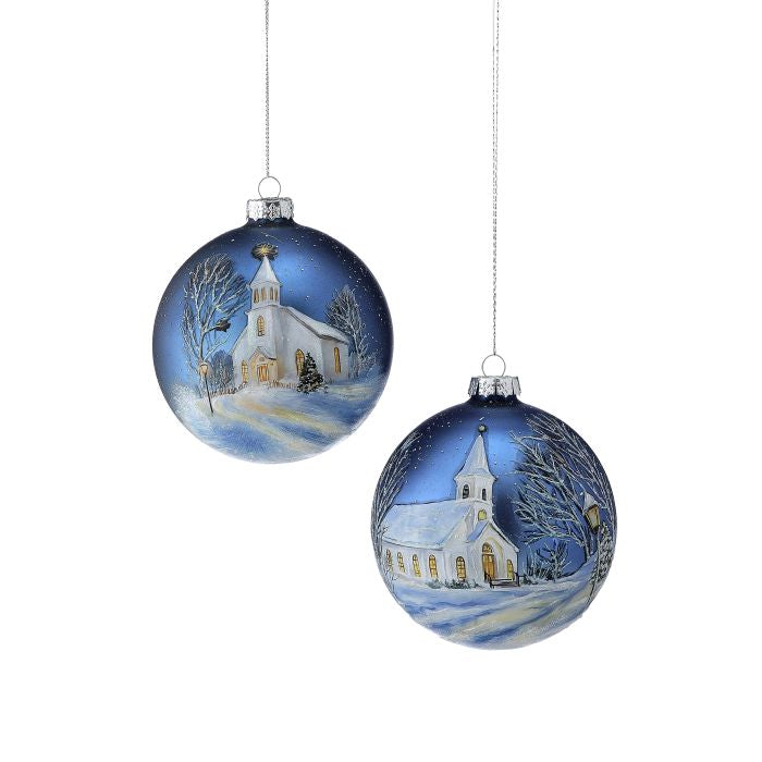 5" Glass "Winter Church" Ball Ornament
