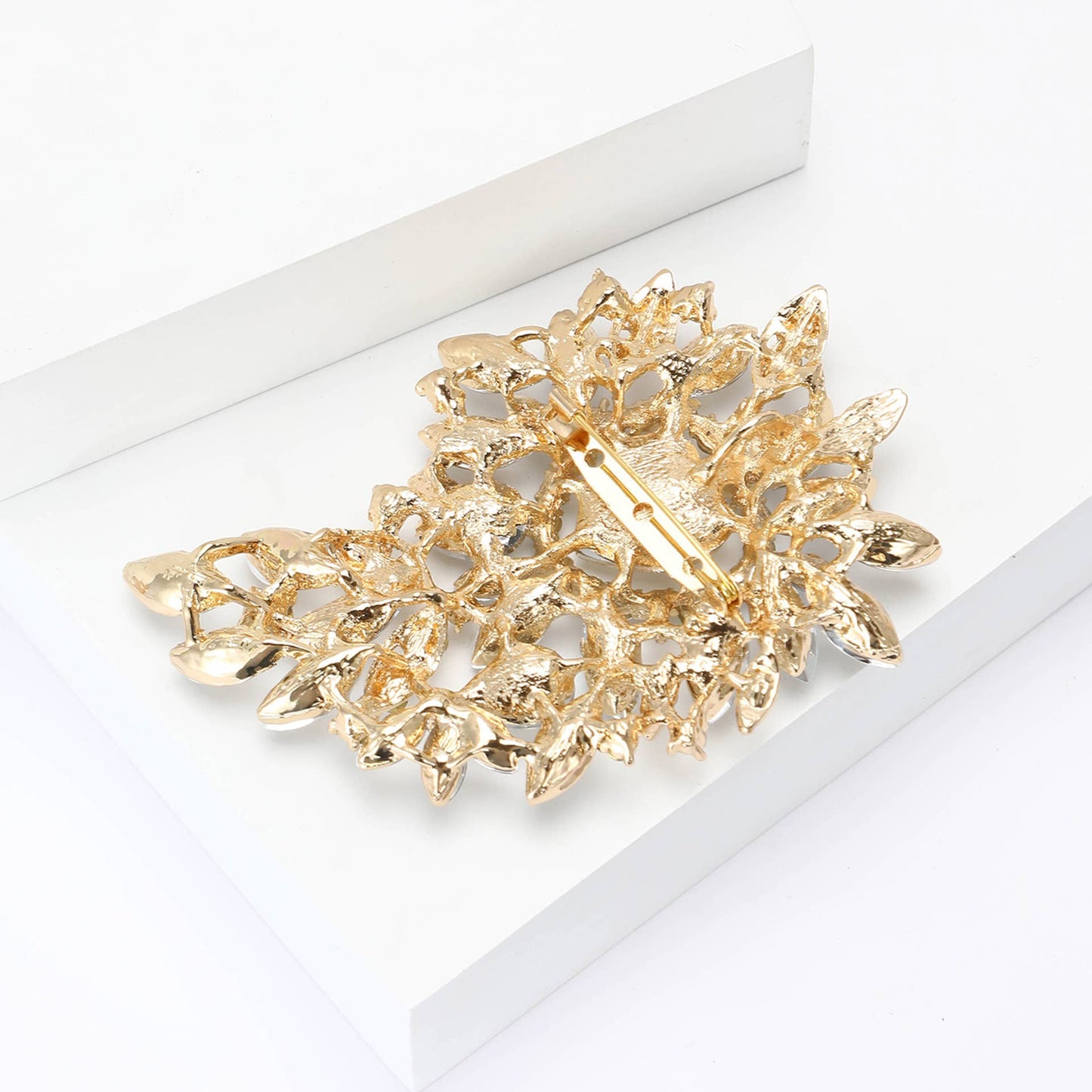 Large Rhinestone Leaf Heart Brooch Pin