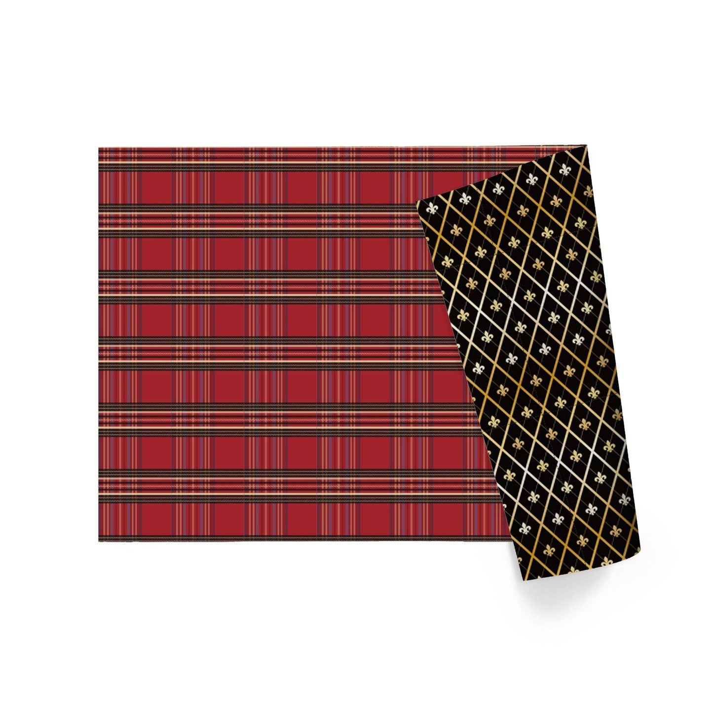 30" x 10' Reversible Holiday Wrapping Paper | Windowpane Plaid/Harlequin Fleur-de-lis