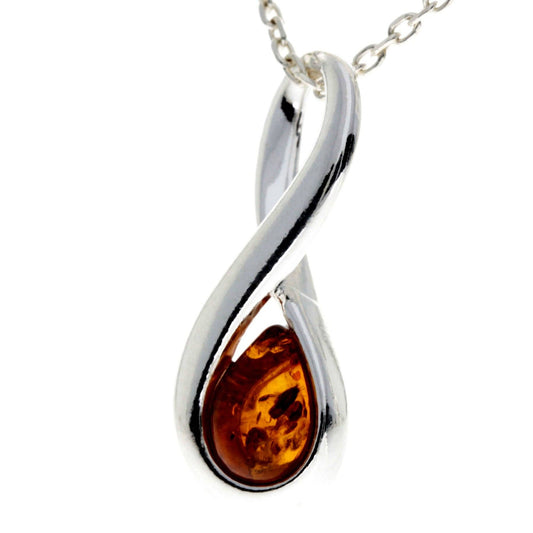 925 Sterling Silver & Genuine Baltic Amber Modern Infinity Pendant Clearance