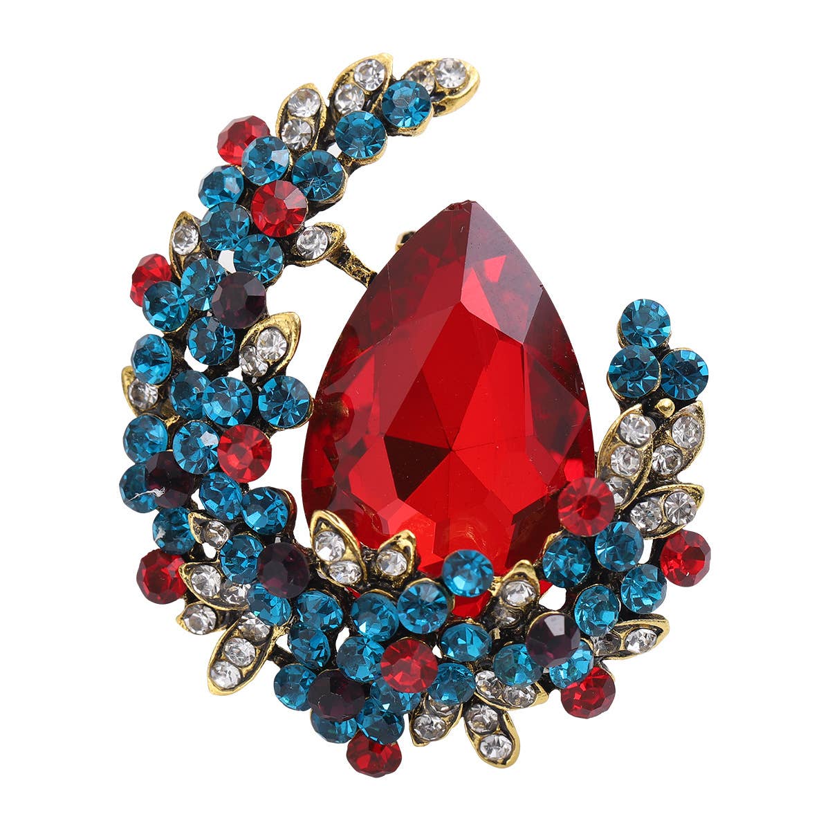 Rhinestone Jewel Flower Crescent Moon Brooch Pin