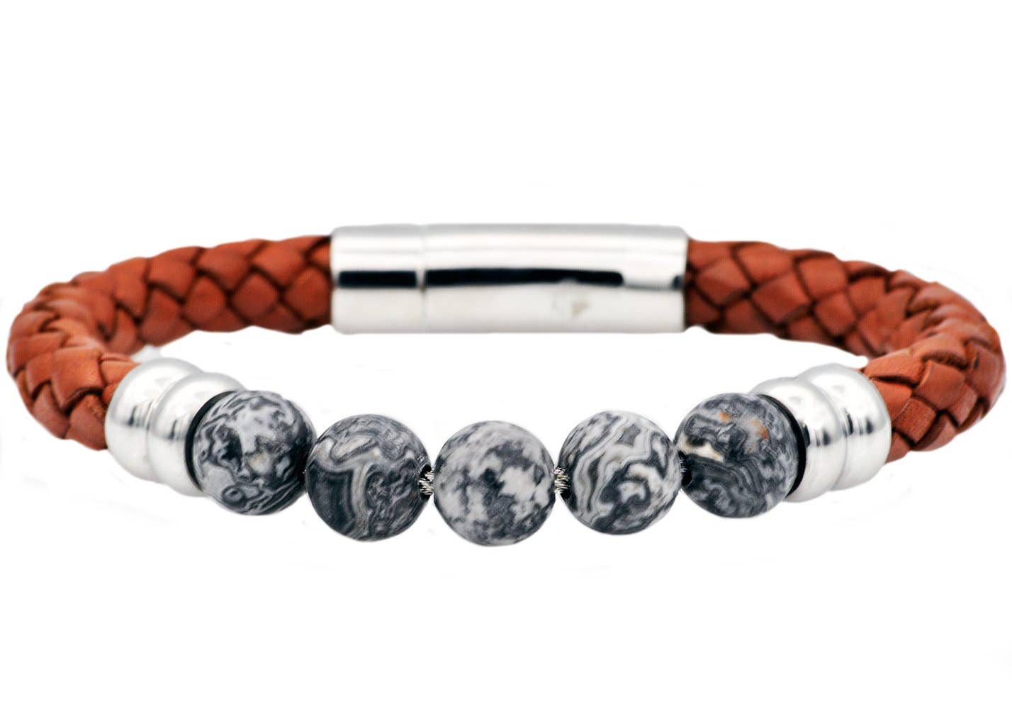 Men's Genuine Gray Jasper And Brown Leather Stainless Steel Beaded Bracelet