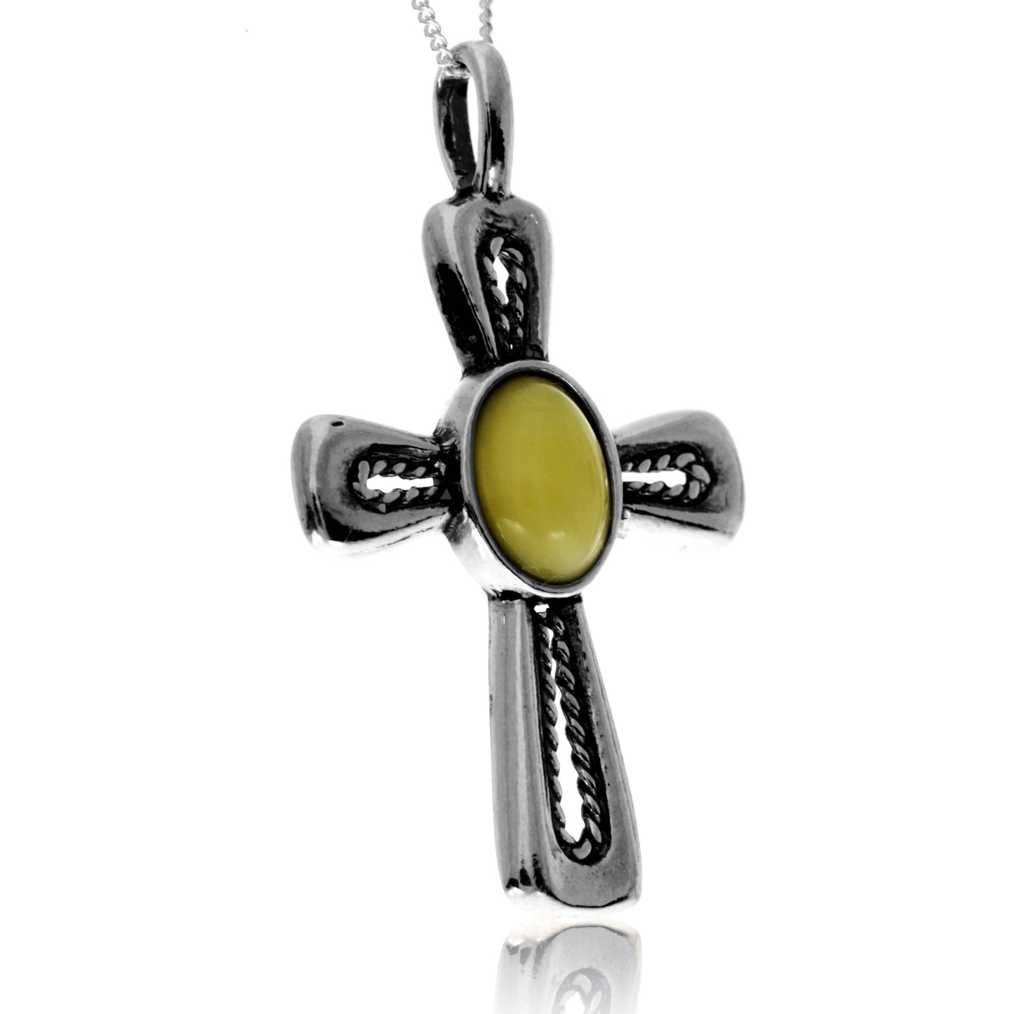 925 Steling Silver & Genuine Baltic Amber Celtic Cross Pendant