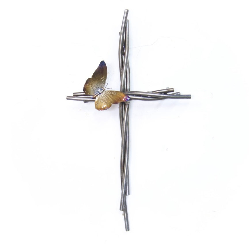 Butterfly and Vine 16" Cross - Tempered and Gold