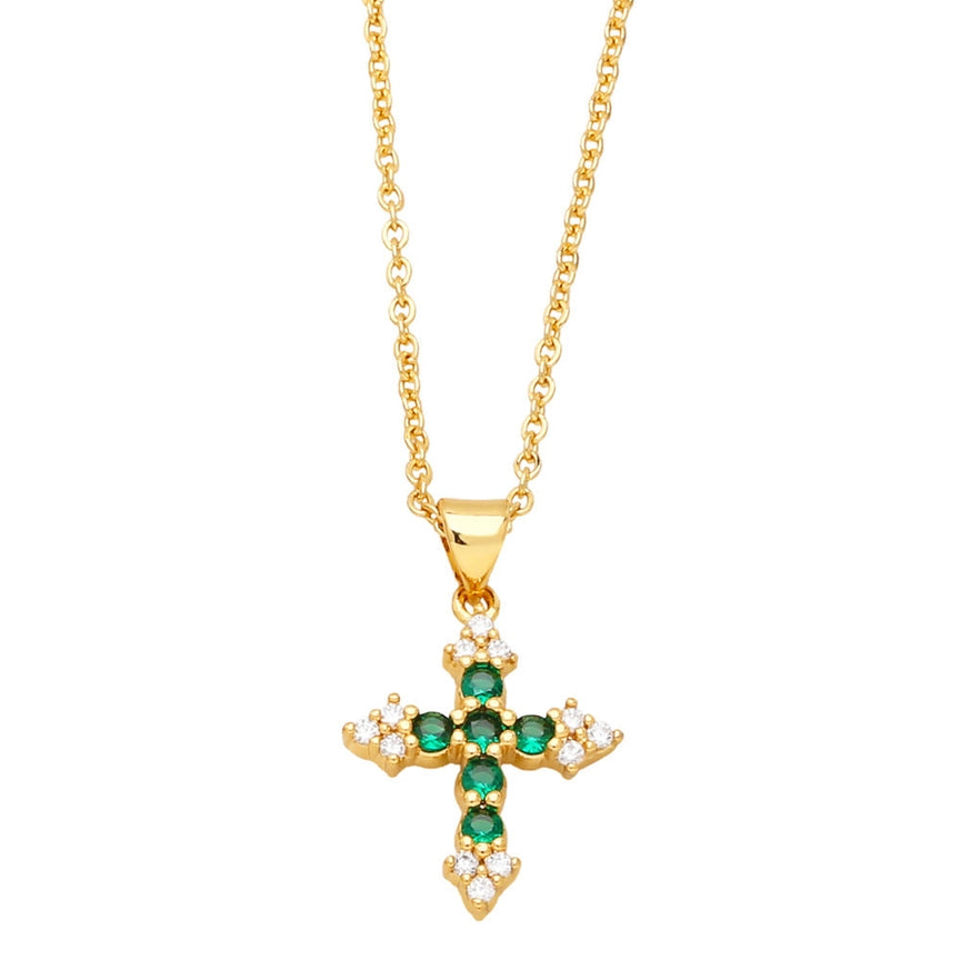 Colorful Cubic Zirconia Cross Pendant Necklace - Green - Clearance
