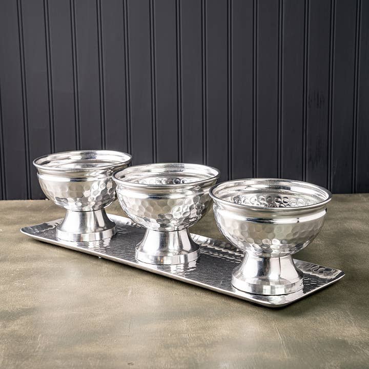 Hammered Tray with 3 Footed Bowls - Clearance