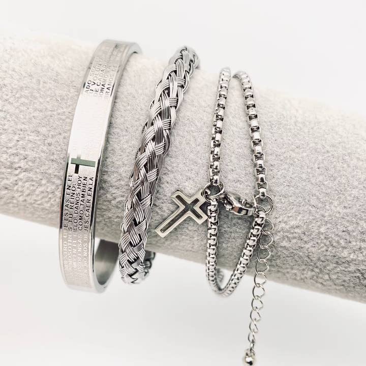 3 Piece Set Men's Cross Pendant SS Bangle Bracelet Clearance