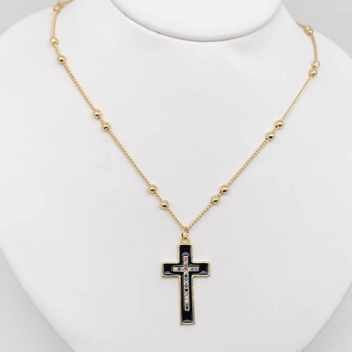Colored Cubic Zirconia Enamel Black Cross 50MM - Clearance