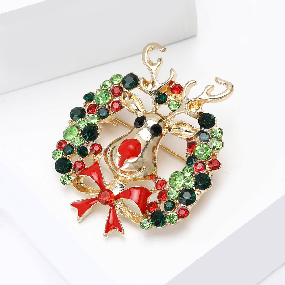 Christmas Reindeer Brooch with Colorful Rhinestone Wreath