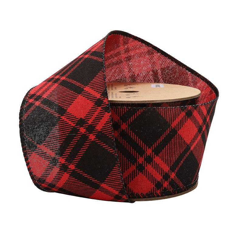 2 1/2" Wired Ribbon | Printed Red/Black Bias Plaid | 10 Yard Sale