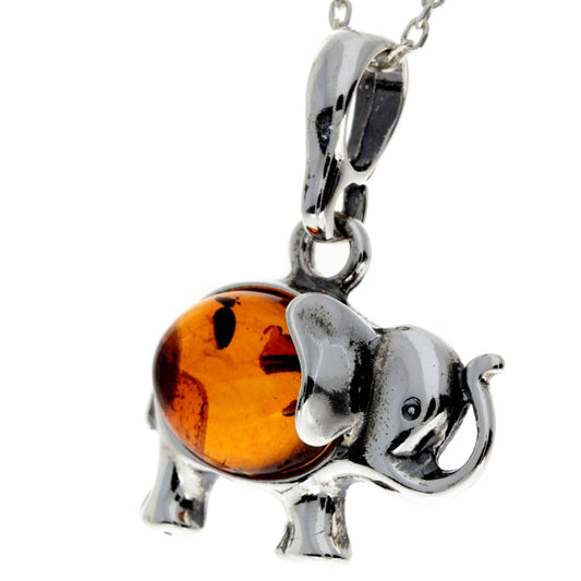 925 Sterling Silver & Baltic Amber Elephant Pendant Clearance
