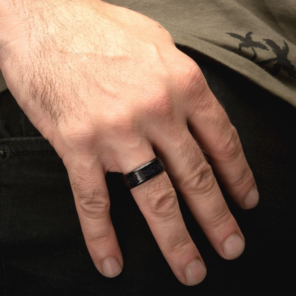Black IP Genuine Blue Sandstone Inlay Ring