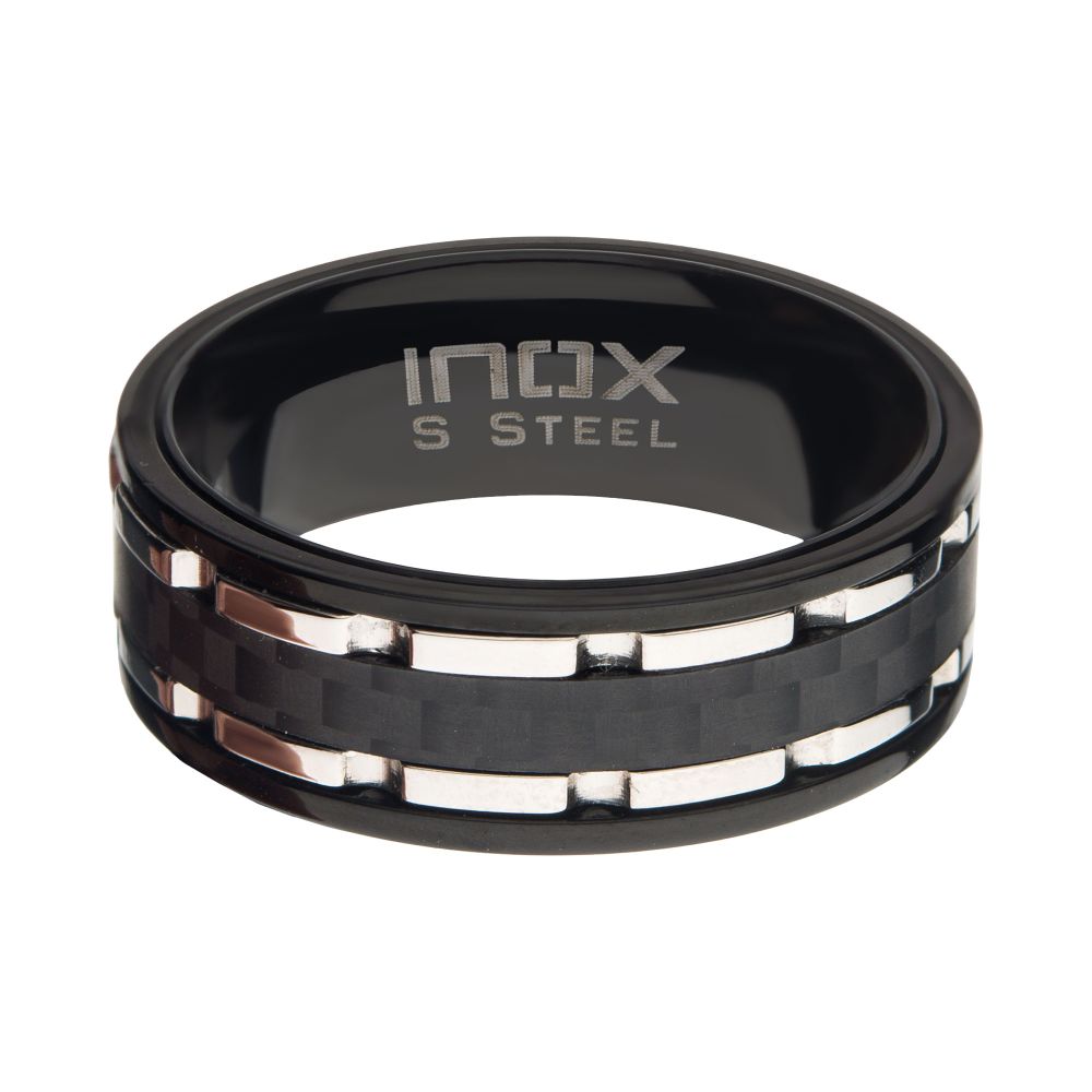 Black Carbon Fiber Hammered Ring with Stainless Steel Lines