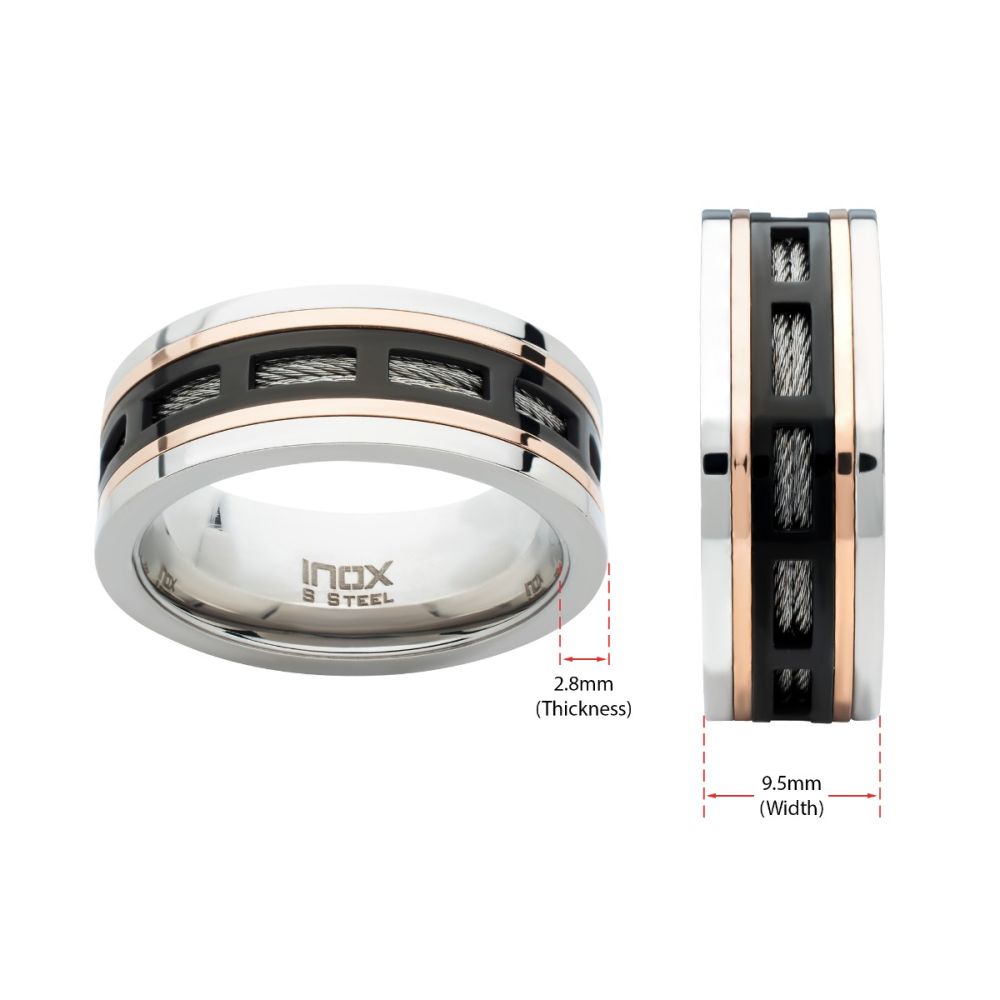 Black & Rose Gold IP Steel Window with Cable Inlay Comfort Fit Ring