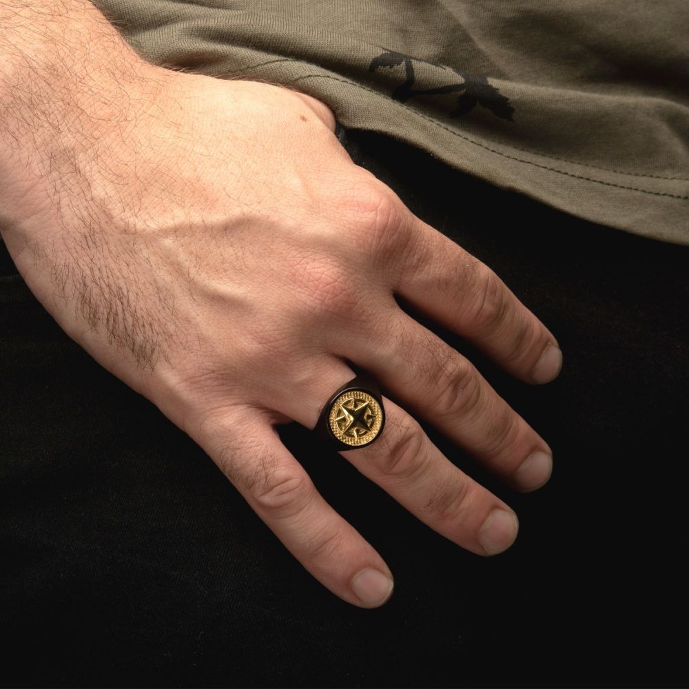 18Kt Gold IP Wayfinder Compass Black IP Signet Ring
