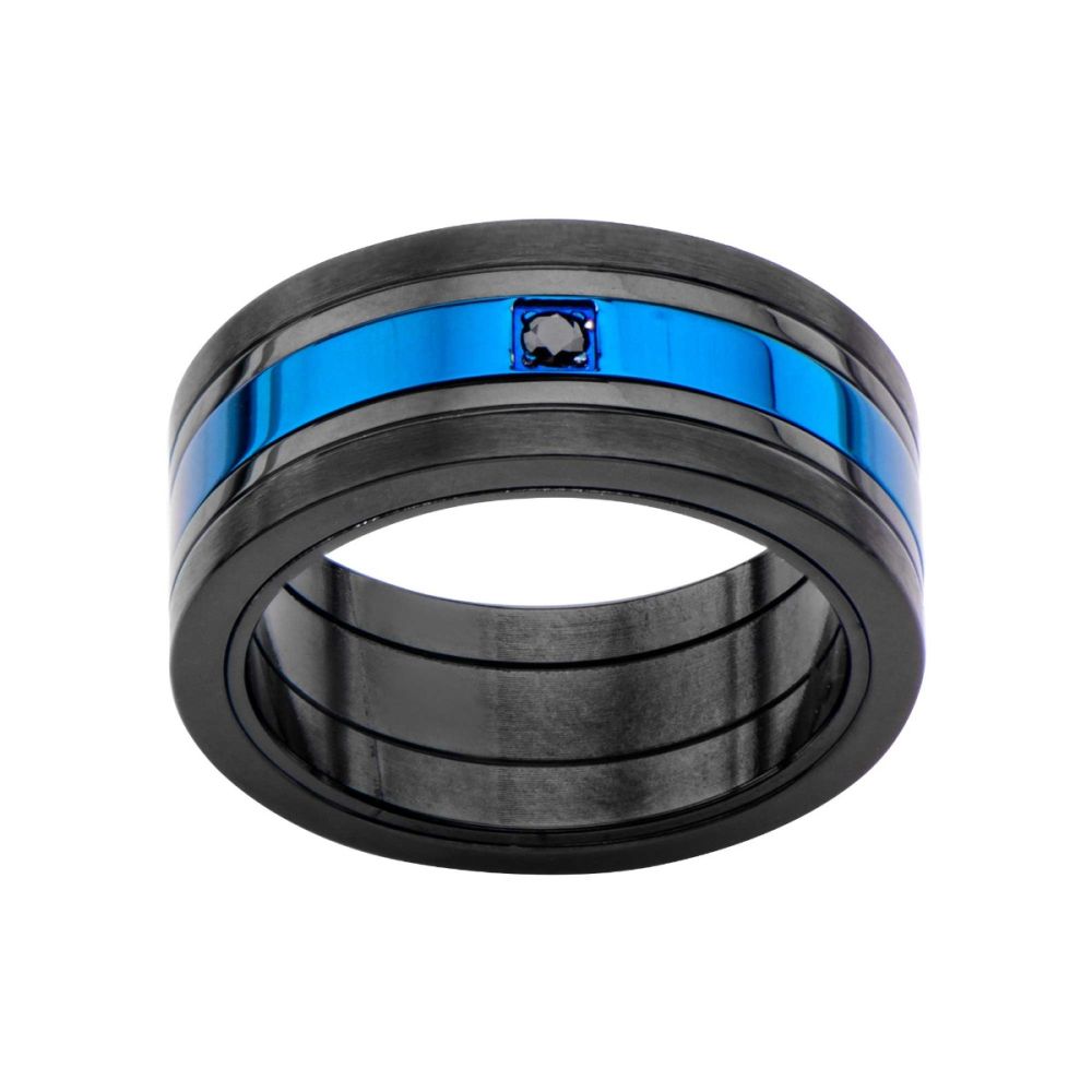 Matte Black & Blue IP w/ Black CZ Ring