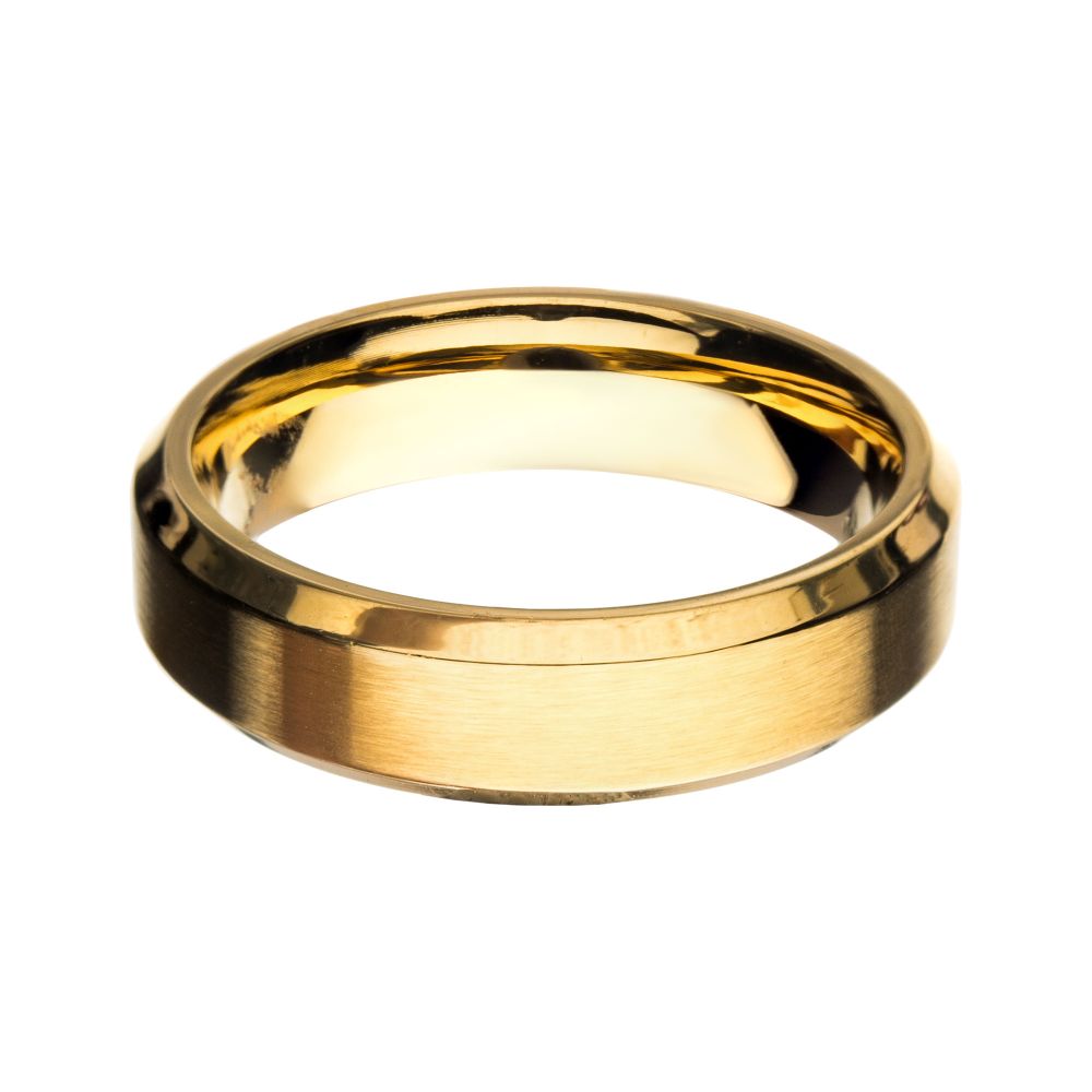 6mm Matte Stainless Steel & Gold IP Beveled Wedding Band Ring