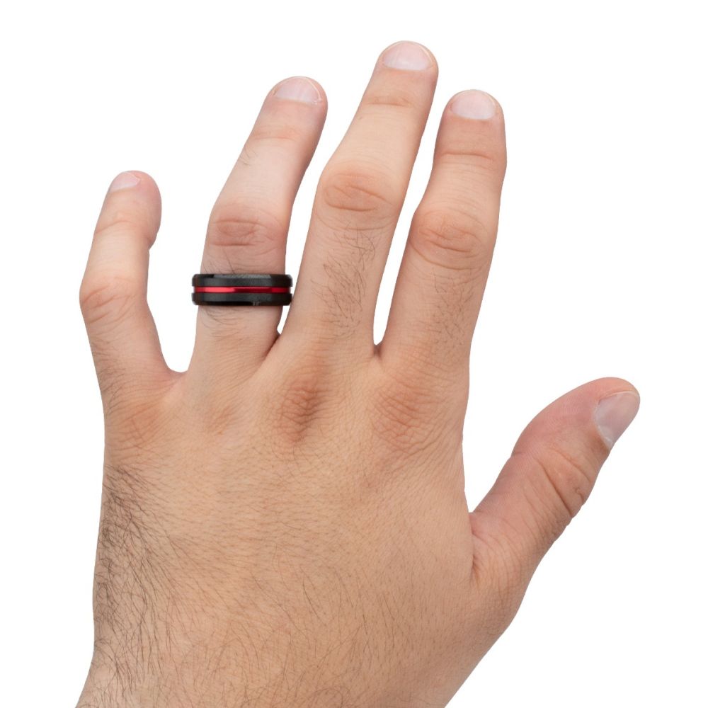 Red Aluminum Inlay Black IP Steel Beveled Comfort Fit Ring